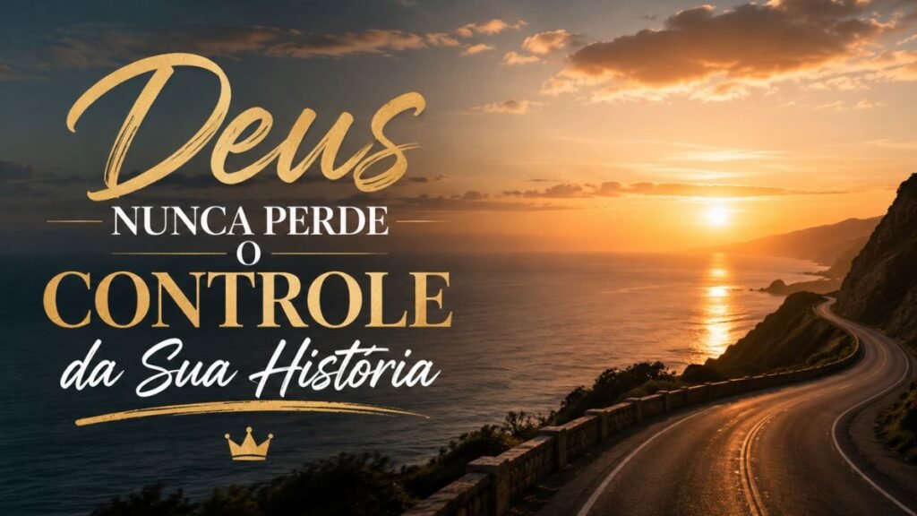 Paisagem ao pôr do sol com a mensagem Deus nunca perde o controle da sua história