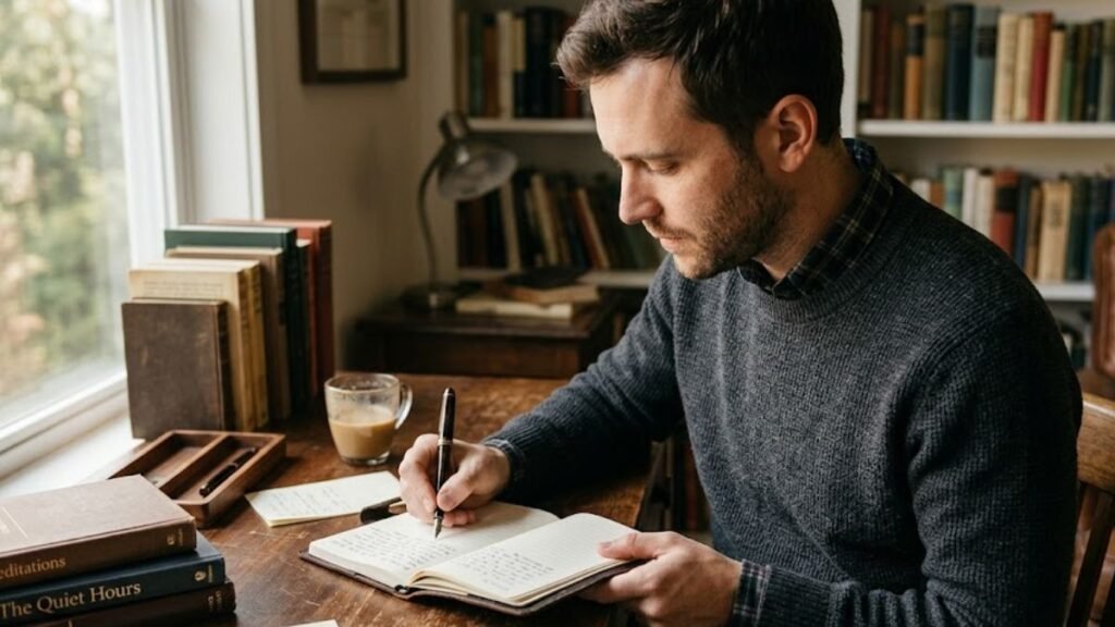 Homem lendo a Bíblia e fazendo anotações durante o devocional de hoje