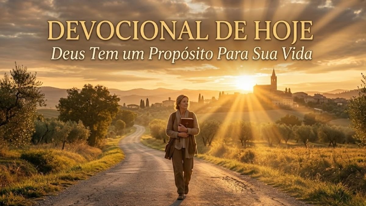Pessoa caminhando por uma estrada iluminada ao amanhecer em um devocional de hoje